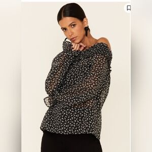 Wild Moss Black and White Chiffon Off the Shoulder Blouse